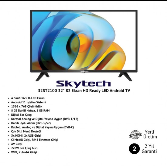 Skytech 32ST2100 HD 32" 82 Ekran Uydu Alıcılı Android Smart LED TV