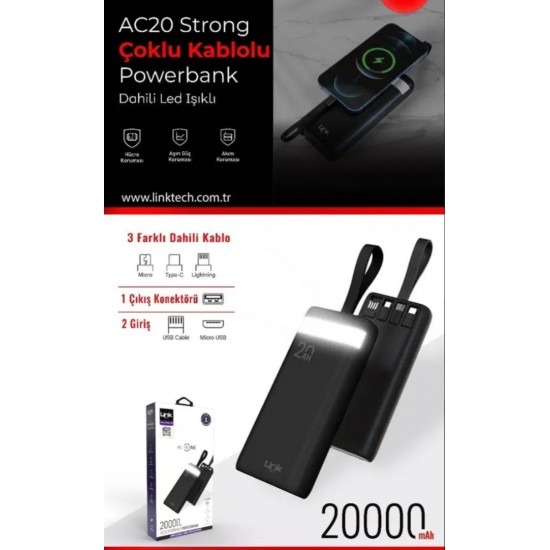 LinkTech AC20 Strong Çoklu Kablolu 20000 Mah Powerbank 