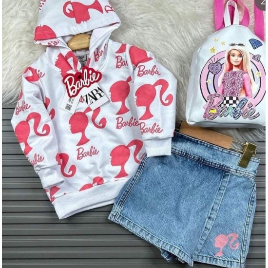 Barbie Çantalı, Kot Şort Etekli ve Kapüşonlu Sweat ile 3'lu Takım  