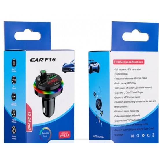 F16 RGB Işıklı Araba Bluetooth Adaptör MP3 Çalar 1 Type-C 2 Usb Şarj FM Transmitter 