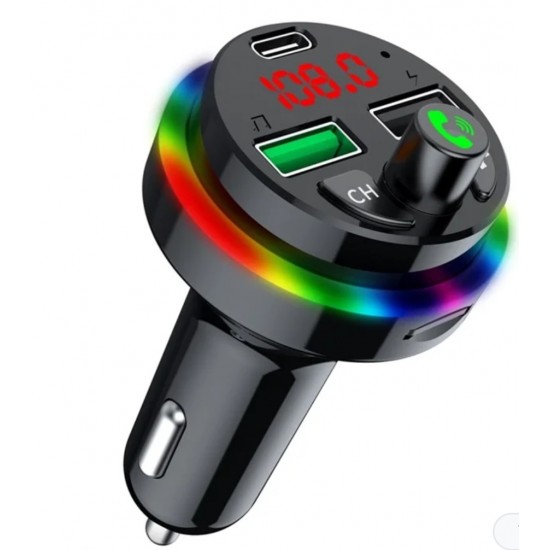 F16 RGB Işıklı Araba Bluetooth Adaptör MP3 Çalar 1 Type-C 2 Usb Şarj FM Transmitter 