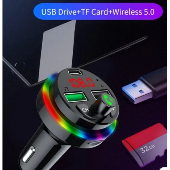 F16 RGB Işıklı Araba Bluetooth Adaptör MP3 Çalar 1 Type-C 2 Usb Şarj FM Transmitter 