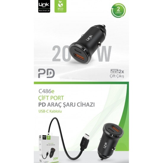 Linktech C486 Çevre Dostu Dual PD 20W USB-C Kablolu Araç Şarj Aleti 