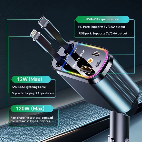 DriveAura Pro™ Type-C & Lightning Kablolu Ambiyans Işıklı Araç Şarj Cihazı