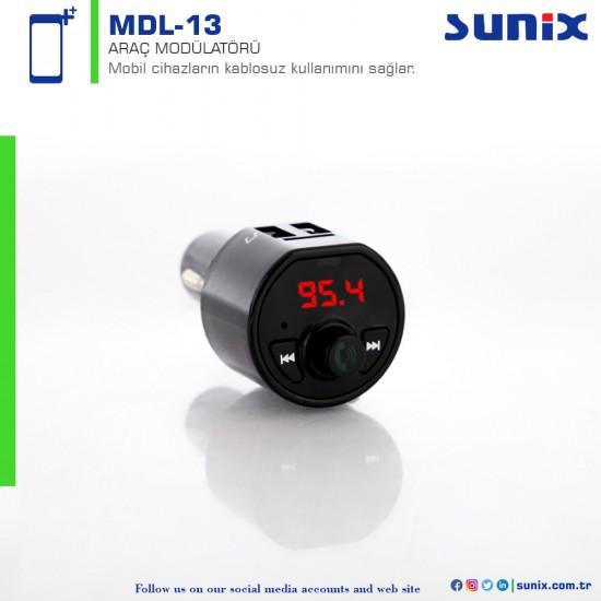 Sunix MDL-13 Bluetooth Dijital Göstergeli FM Modülatör Transmitter 3.1A